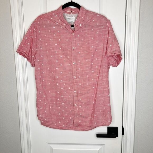 Denim & Flower Red Sailboat Printed Button Down Slim Fit Shirt Men's Size Large - Picture 1 of 5